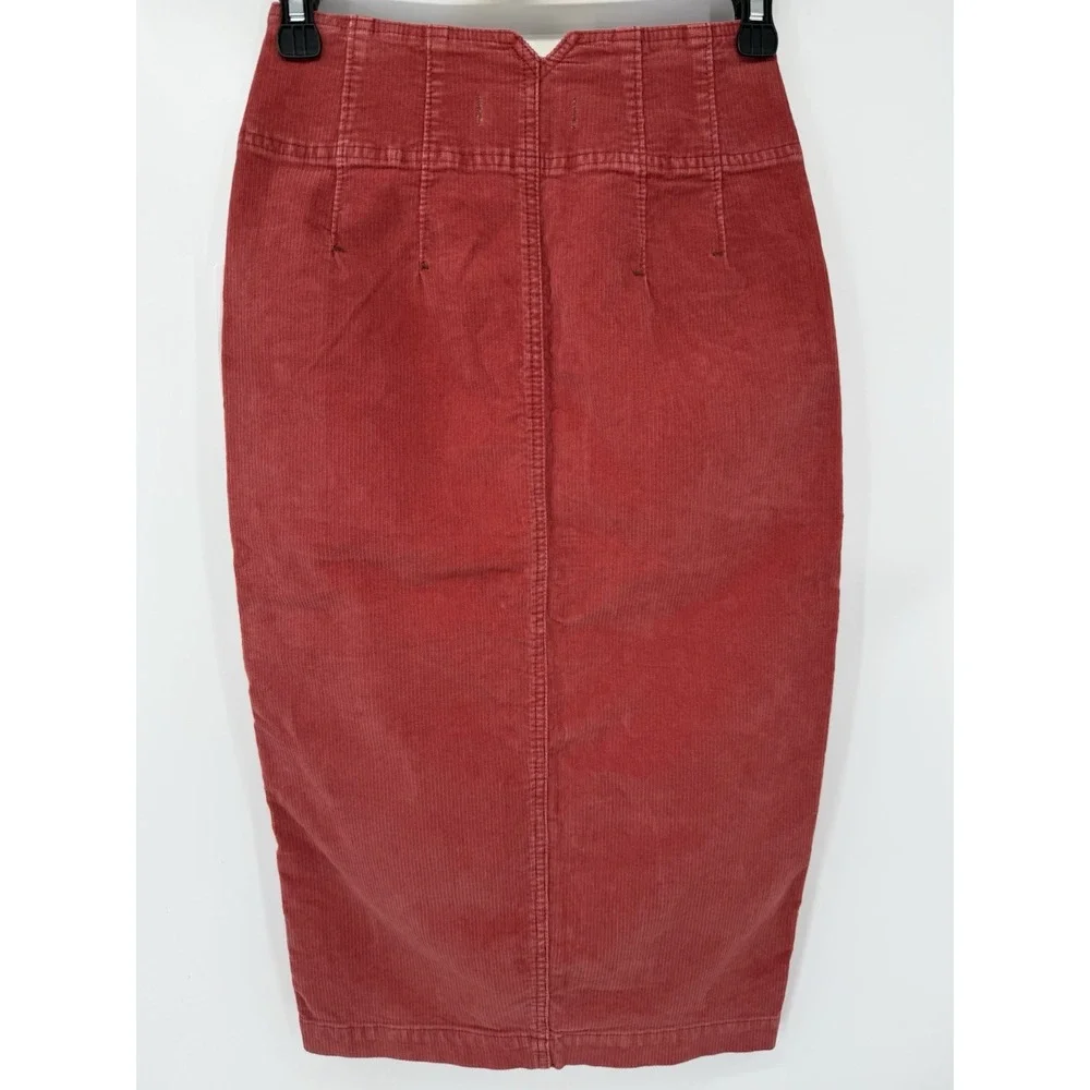 Free People Skirt Womens 24 Poppy Red We The Free Corduroy Zip Front Midi Pencil
